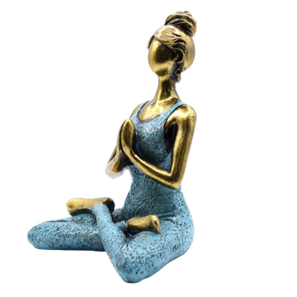 Elegante figura de dama de yoga en resina – Bronce y turquesa 24CM, estatua artesanal de dama de yoga en resina en pose de oración sentada, acabado en bronce y turquesa