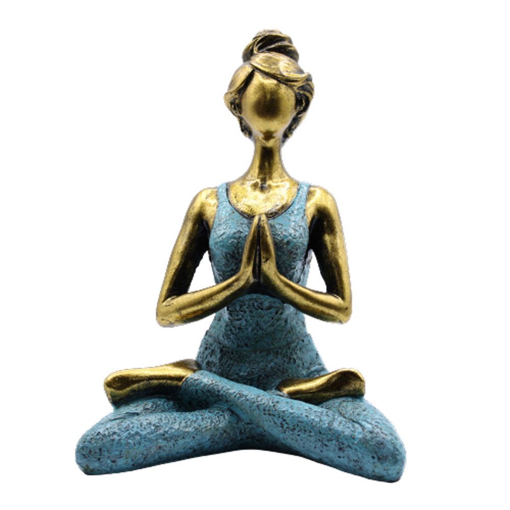 Alt Tag: Figura elegante de mujer yogui de resina – Bronce y turquesa 24CM, estatua de resina en pose de yoga sentada con las manos en oración, decoración de 24 cm