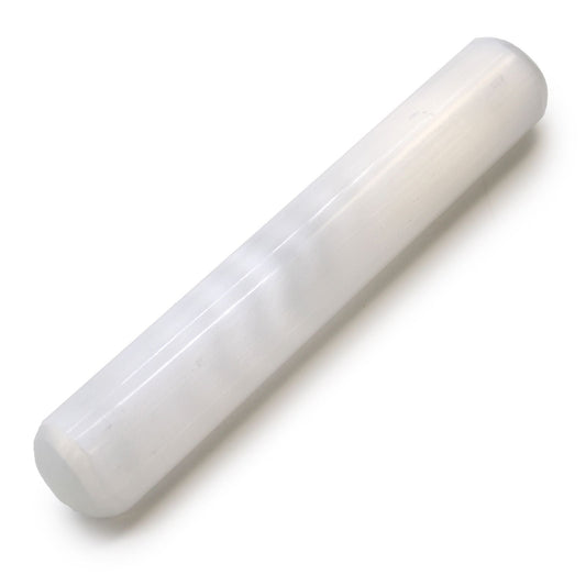 Alt Tag: Elegant Selenite Wand – 16 CM Round, varita redonda de selenita natural de 16 cm con acabado blanco translúcido