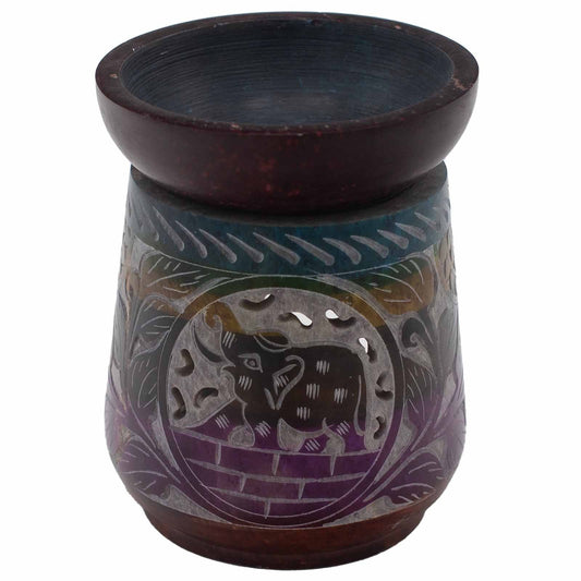 Alt Tag: Elegant Soapstone Elephant Oil Burner – 13x10 CM, carved soapstone aromatherapy oil burner with elephant motif and top bowl