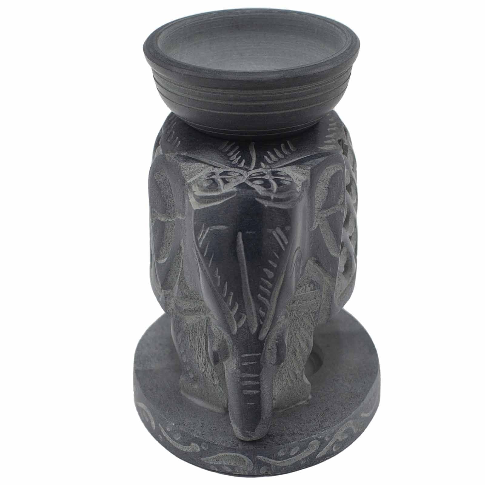 Alt Tag: Elegant Soapstone Oil Burner – 10.5 CM Standing Elephant, quemador de aceite de piedra jabón tallado en forma de elefante gris