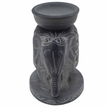 Alt Tag: Elegant Soapstone Oil Burner – 10.5 CM Standing Elephant, quemador de aceite de piedra jabón tallado en forma de elefante gris