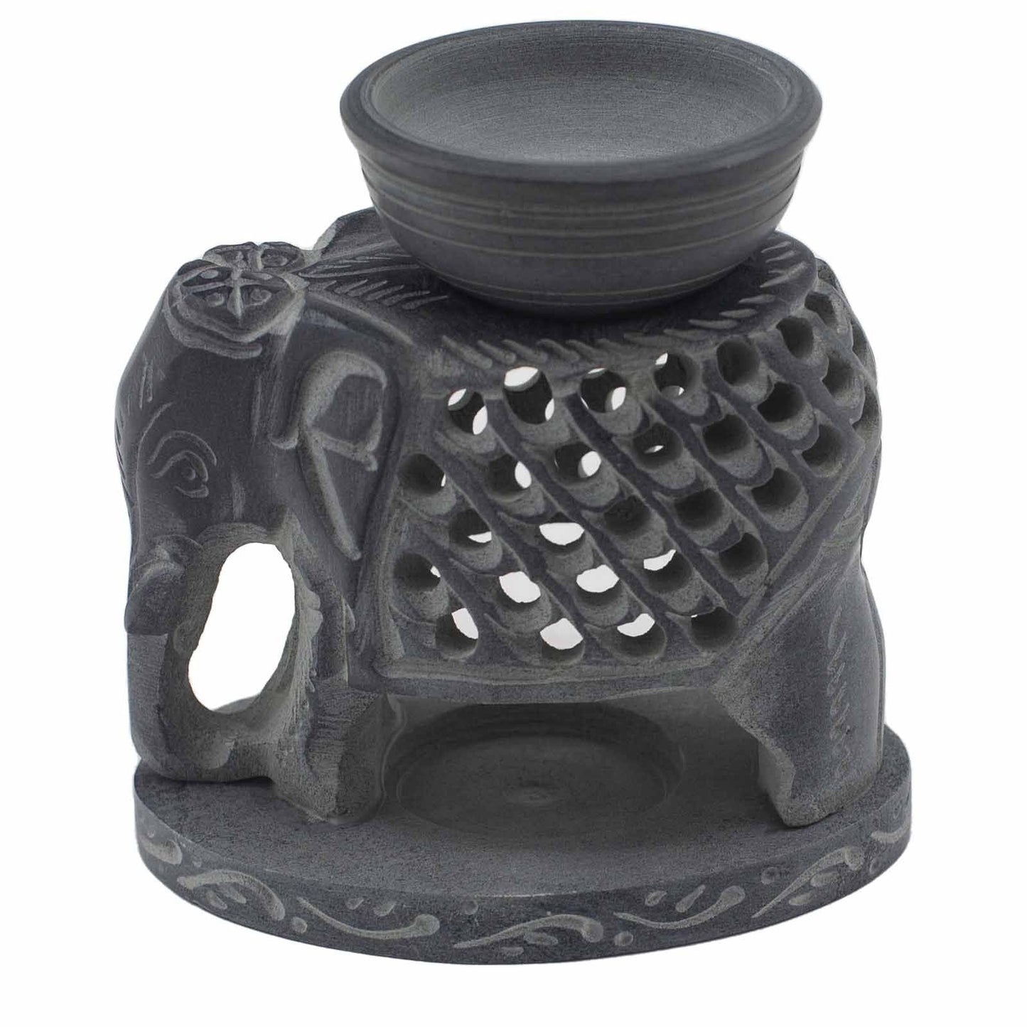 Elegant Soapstone Oil Burner – 10.5 CM Standing Elephant, quemador de aceite de piedra jabón con cuenco superior y diseño elefante