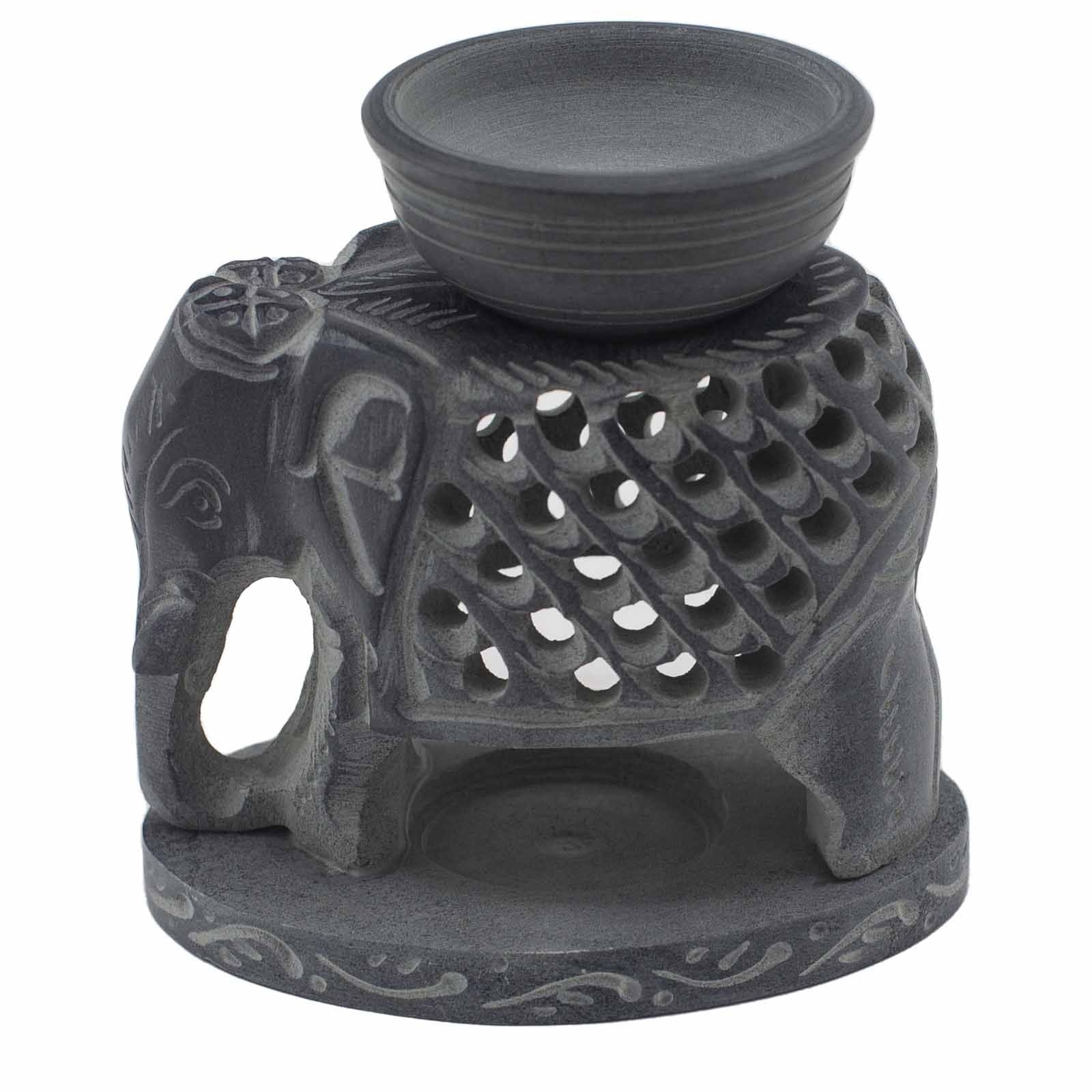 Elegant Soapstone Oil Burner – 10.5 CM Standing Elephant, quemador de aceite de piedra jabón con cuenco superior y diseño elefante