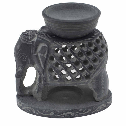 Elegant Soapstone Oil Burner – 10.5 CM Standing Elephant, quemador de aceite de piedra jabón con cuenco superior y diseño elefante