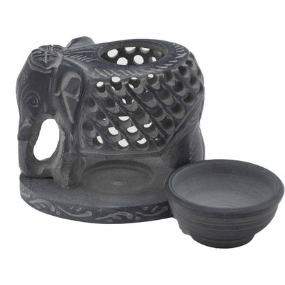 Alt Tag: Elegant Soapstone Oil Burner – 10.5 CM Standing Elephant, tallado en soapstone con bandeja y cuenco para aceites aromáticos