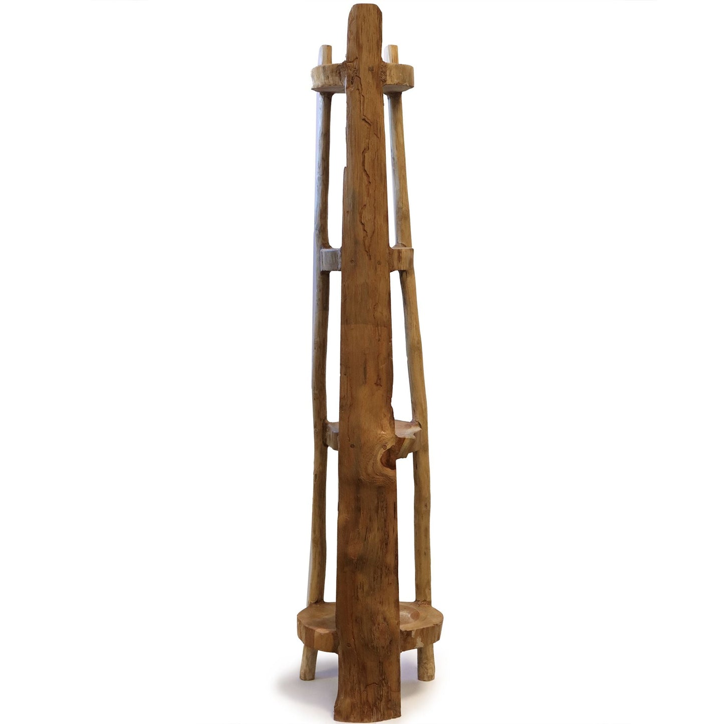 Alt Tag: Elegant Teak Corner Shelves – 135CM Display, unidad esquinera alta de teca natural para exhibición y almacenamiento compacto