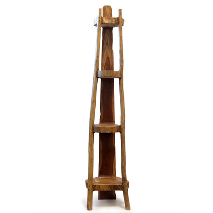 Alt Tag: Elegant Teak Corner Shelves – 135CM Display, tall teak wood corner shelf unit with tiered shelves for compact storage