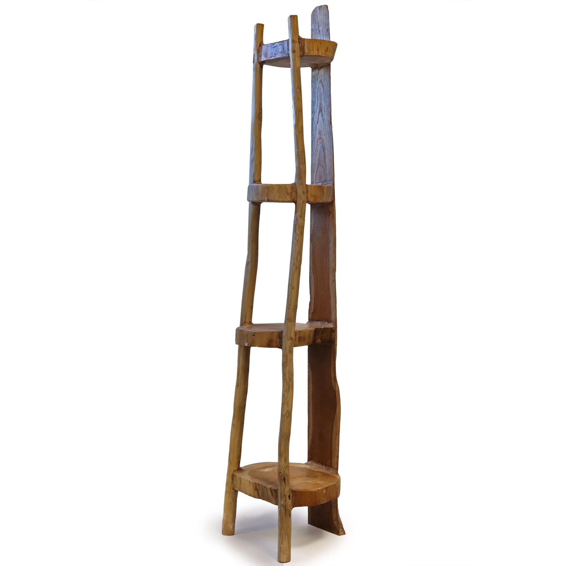 Alt Tag: Elegant Teak Corner Shelves – 135CM Display, tall teak corner shelving unit with tiered display shelves