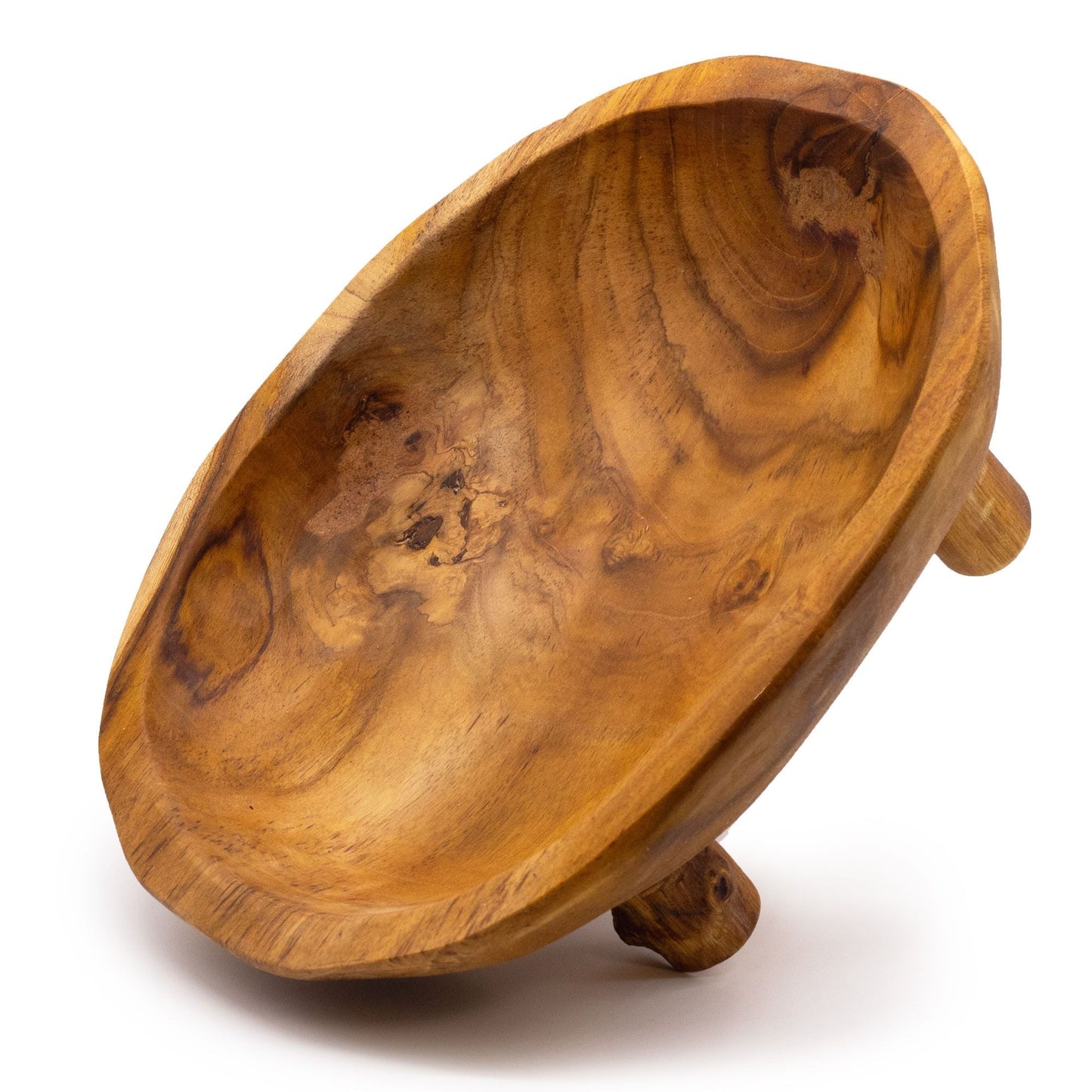 Elegant fruktskål i teakträ – 32x24x11 CM, skål på ben i teakträ med naturlig ådring, serveringsskål som mittpunkt