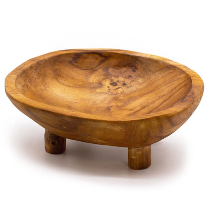 Alt Tag: Elegant fruktskål i teakträ – 32x24x11 CM, handgjord skål i teakträ på ben med naturlig ådring, för fruktservering eller som mittpunkt