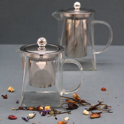 Alt Tag: Elegant Tower Glass Infuser Teapot – 350ML glass teapot with stainless steel infuser and lid, tower design on tabletop
