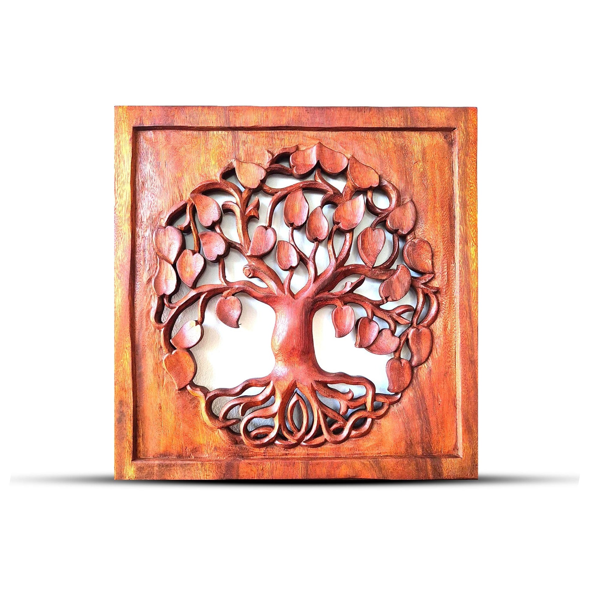 Elegant Wooden Tree of Life Panel – 40x40 CM, decorative carved wood wall panel with Tree of Life design in square frame