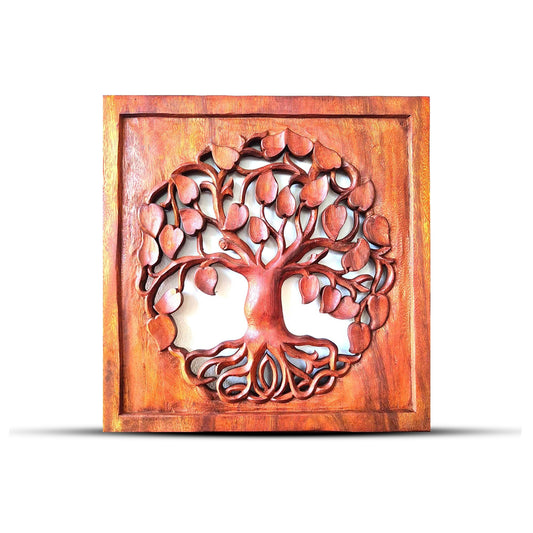 Elegant Wooden Tree of Life Panel – 40x40 CM, decorative carved wood wall panel with Tree of Life design in square frame