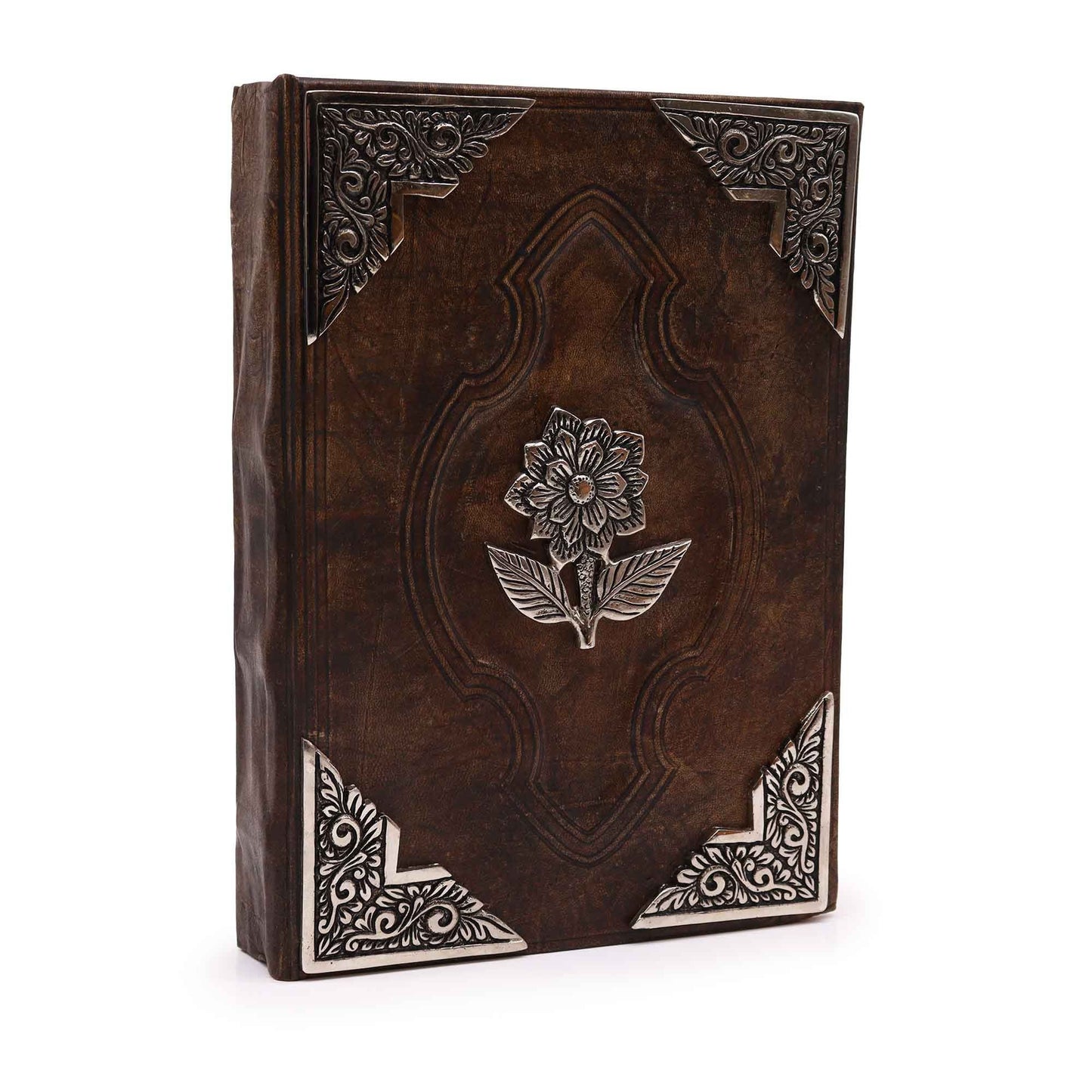 Alt Tag: Elegant Zinc Rose Leather Journal – 26x18CM, 200 Pages, leather cover with embossed zinc rose flower and ornate corner detailing