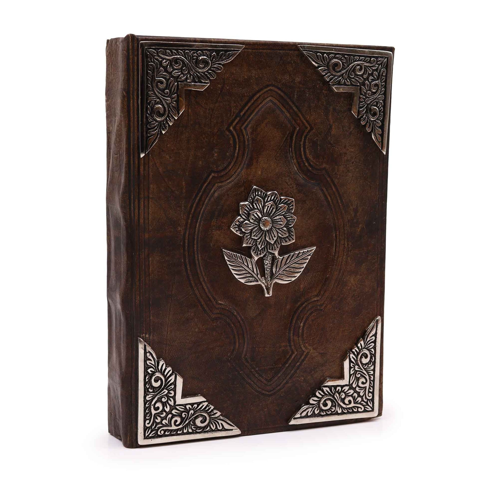 Alt Tag: Elegant Zinc Rose Leather Journal – 26x18CM, 200 Pages, leather cover with embossed zinc rose flower and ornate corner detailing