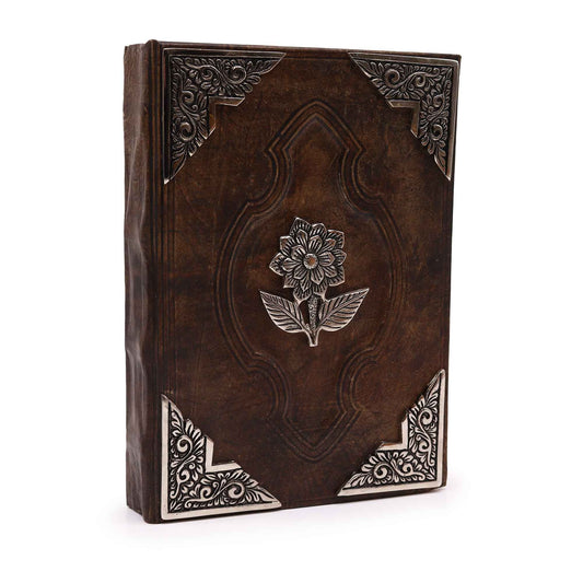 Alt Tag: Elegant Zinc Rose Leather Journal – 26x18CM, 200 Pages, leather cover with embossed zinc rose flower and ornate corner detailing