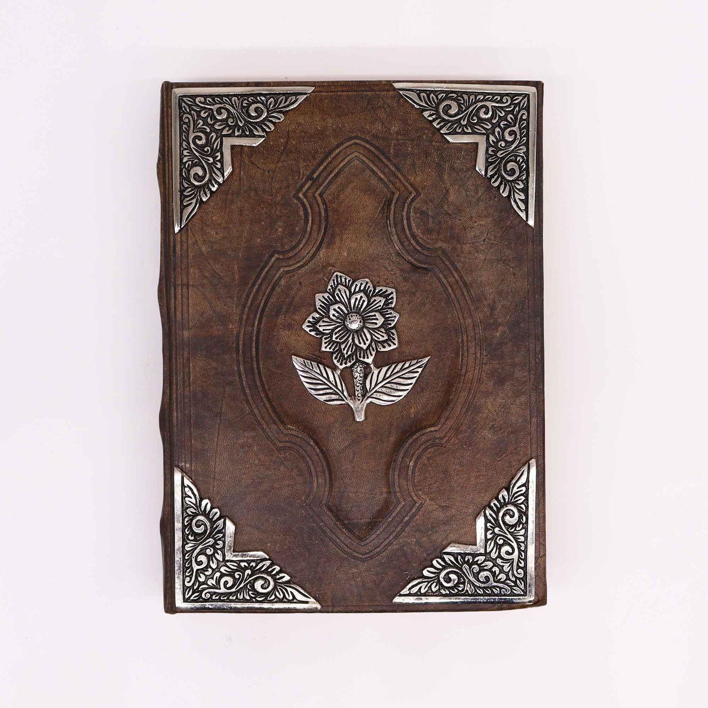 Alt Tag: Elegant Zinc Rose Leather Journal – 26x18CM, 200 Pages leather cover with zinc rose emblem and ornate corner detailing