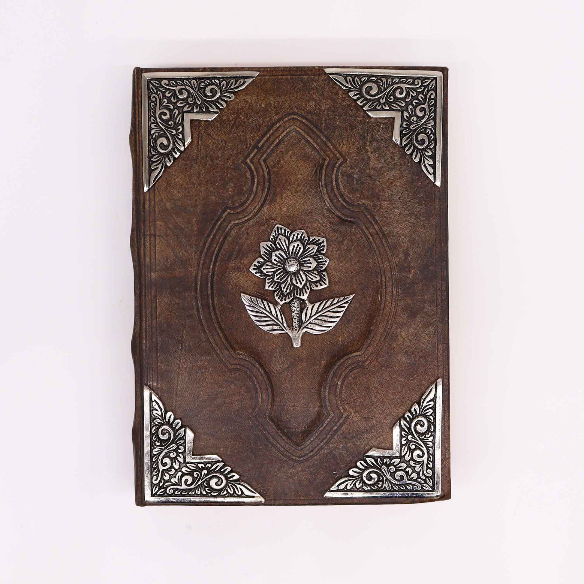 Alt Tag: Elegant Zinc Rose Leather Journal – 26x18CM, 200 Pages leather cover with zinc rose emblem and ornate corner detailing