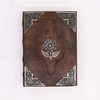 Alt Tag: Elegant Zinc Rose Leather Journal – 26x18CM, 200 Pages leather cover with zinc rose emblem and ornate corner detailing