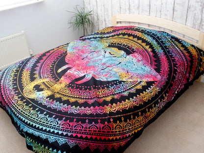 Elephant Head Cotton Bedspread – 230x200 CM colorful bohemian elephant mandala cotton bedspread on bed, vibrant wall tapestry style