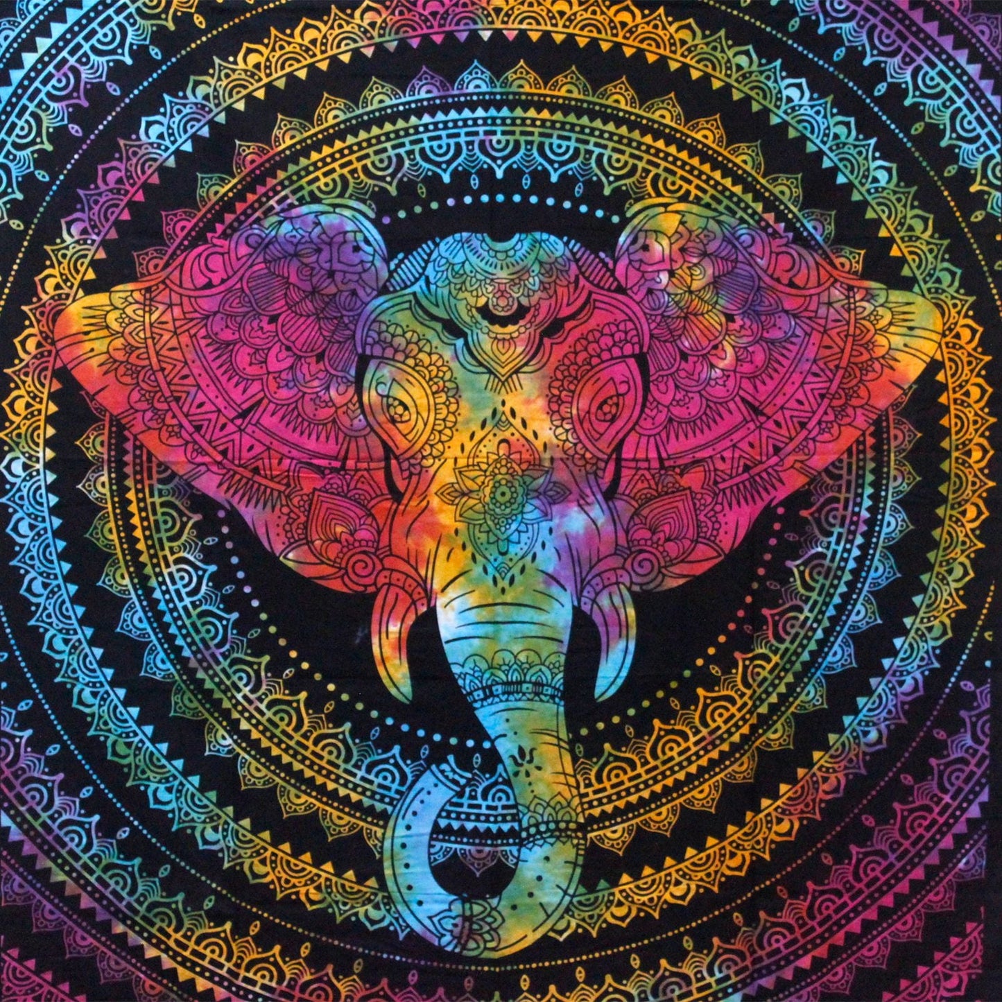 Alt Tag: Elephant Head Cotton Bedspread – 230x200 CM with colorful elephant mandala design on cotton, bohemian bedspread or wall hanging