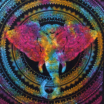 Alt Tag: Elephant Head Cotton Bedspread – 230x200 CM with colorful elephant mandala design on cotton, bohemian bedspread or wall hanging