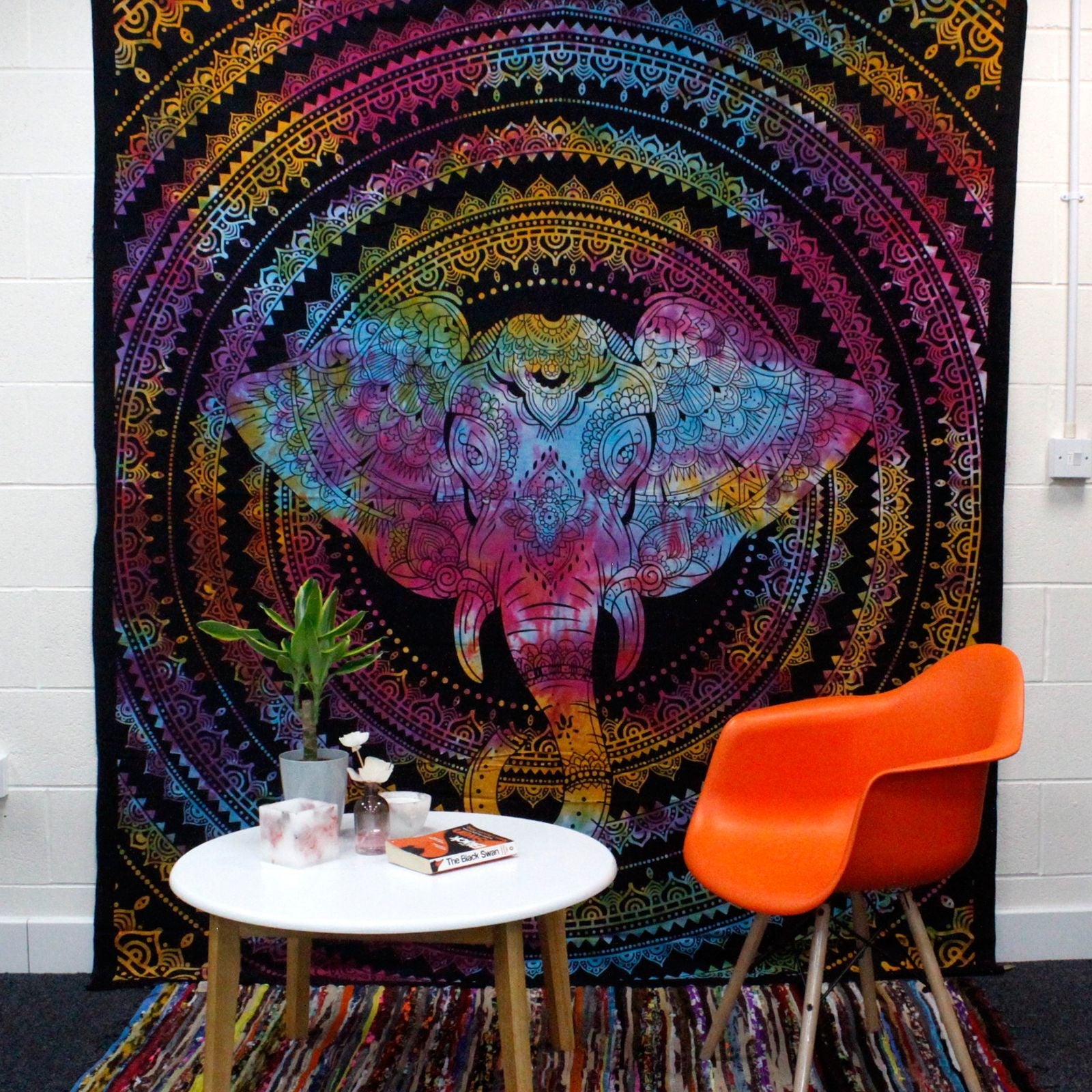 Alt Tag: Elephant Head Cotton Bedspread – 230x200 CM rainbow mandala elephant wall hanging tapestry in bohemian room decor
