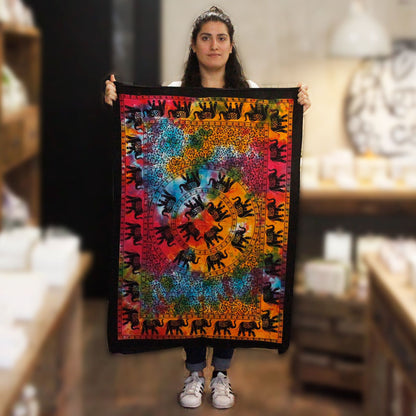 Elephant Mandala Cotton Wall Art – 78x112 CM multicolor cotton wall hanging with elephant border and mandala design