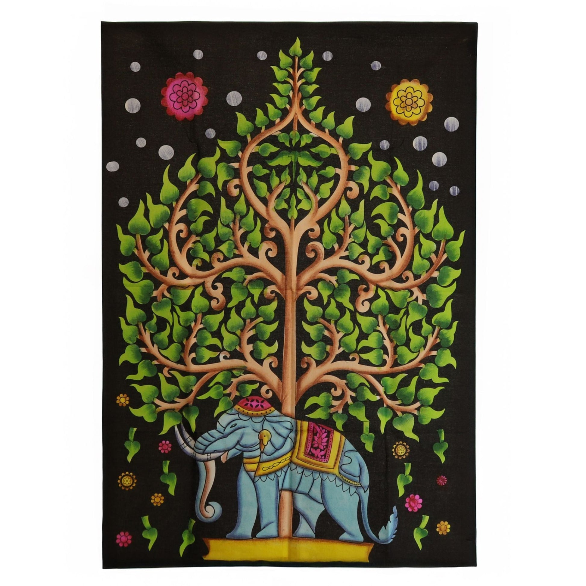 Tapiz de pared de algodón con elefante y árbol de la vida – 70 × 110 CM, tapiz de pared en algodón con árbol de la vida y elefante sobre fondo negro