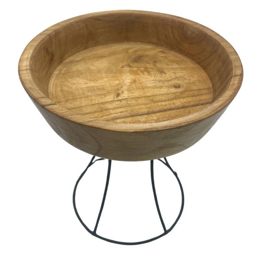 Upphöjd tek-skål – 20 CM – Medium-bricka, upphöjd skål i tekträ med svart metallbas, naturlig finish