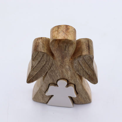 Figura Angel Figurine – madera de mango y esmalte 15CM, escultura de ángel de madera con alas talladas y detalle de esmalte blanco, 15cm
