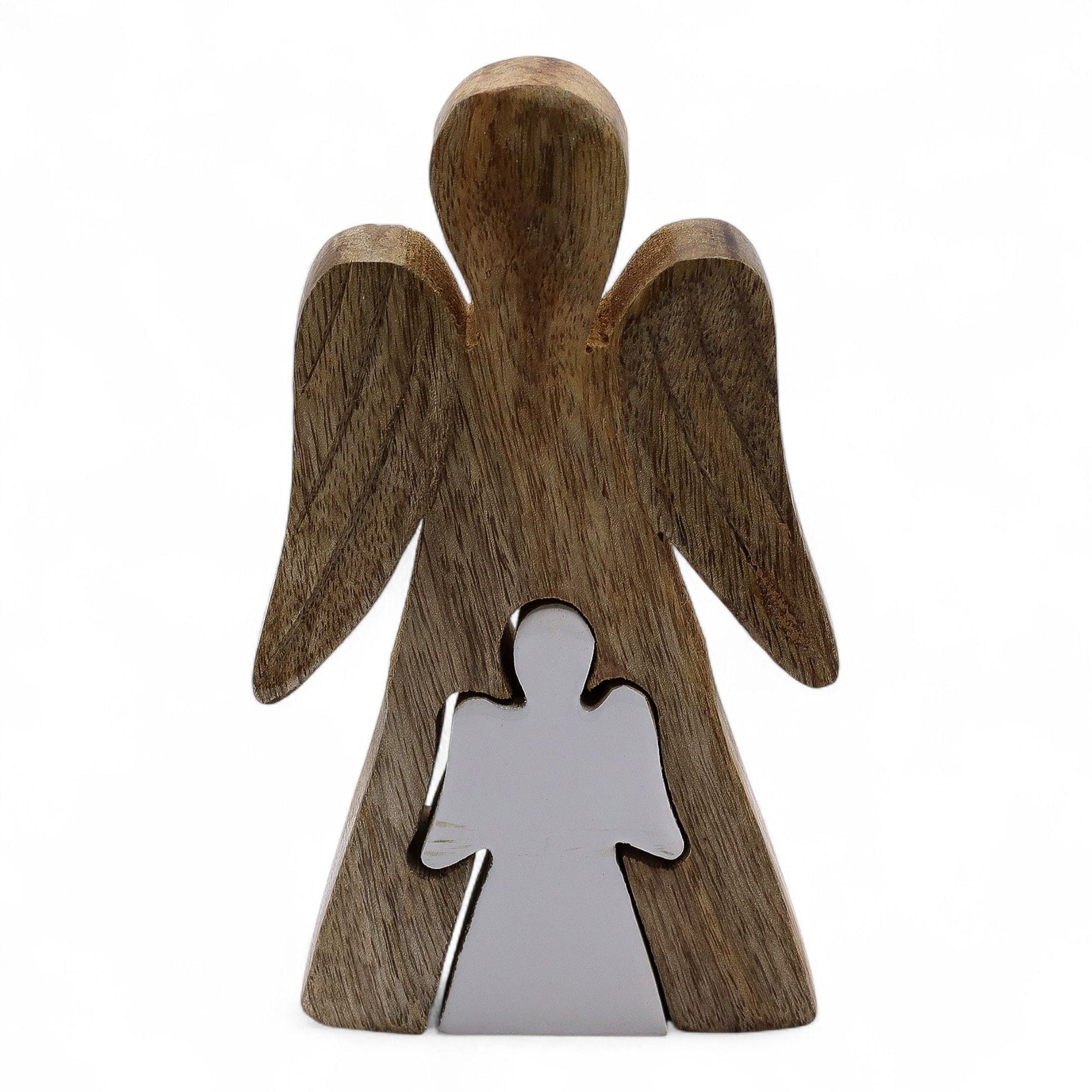 Figura de ángel "Embrace" – madera de mango y esmalte 15CM, ángel de madera con alas e incrustación de esmalte blanco, decoración de 15 cm