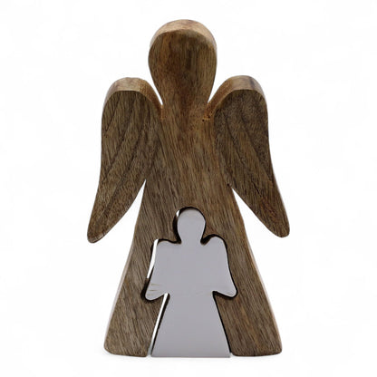 Figura de ángel "Embrace" – madera de mango y esmalte 15CM, ángel de madera con alas e incrustación de esmalte blanco, decoración de 15 cm