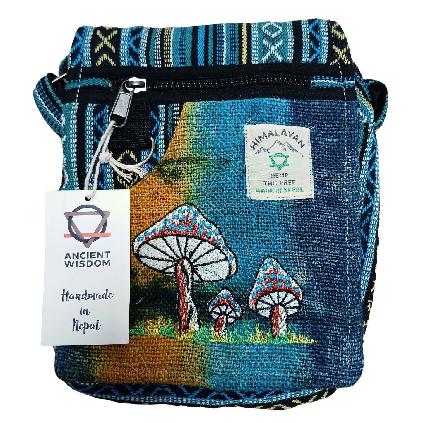 Embroidered Hemp Cotton Party Bag – Green Mushrooms, blue hemp-cotton crossbody with zip pocket and mushroom embroidery, handmade in Nepal