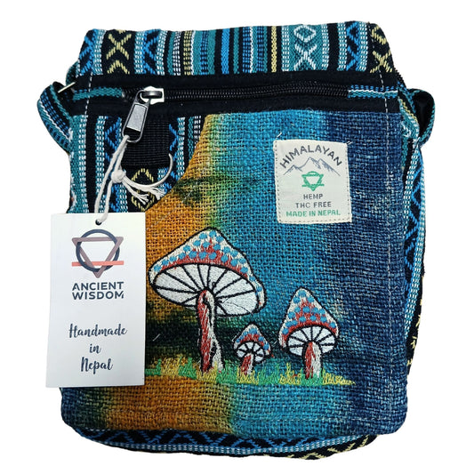 Embroidered Hemp Cotton Party Bag – Green Mushrooms, blue hemp-cotton crossbody with zip pocket and mushroom embroidery, handmade in Nepal