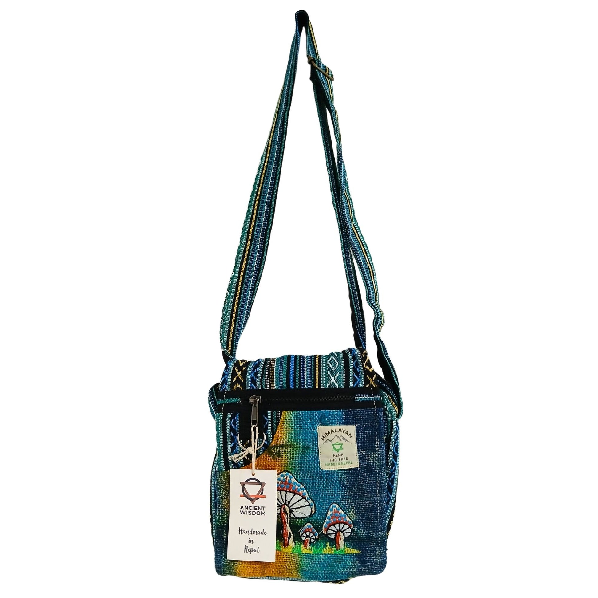 Embroidered Hemp Cotton Party Bag – Green Mushrooms blue hemp cotton crossbody shoulder bag with green mushroom embroidery