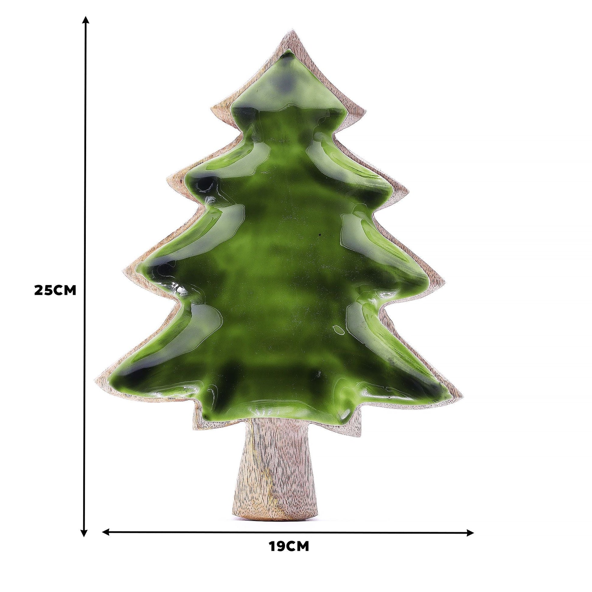 Alt Tag: Emaljskål i mangoträ – 25x19 CM, grön emaljerad skål i form av ett träd i mangoträ, 25 cm hög x 19 cm bred