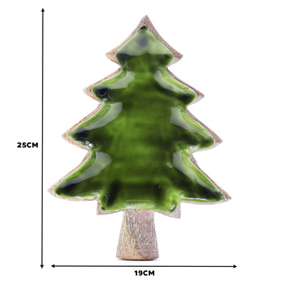 Alt Tag: Emaljskål i mangoträ – 25x19 CM, grön emaljerad skål i form av ett träd i mangoträ, 25 cm hög x 19 cm bred