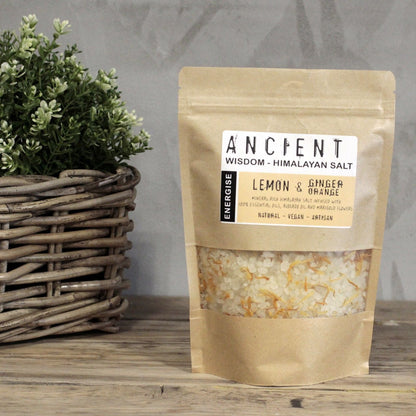 Alt Tag: Energising Himalayan Bath Salt Blend – 500G pouch of Himalayan salt bath blend with lemon, ginger & orange, on wooden surface