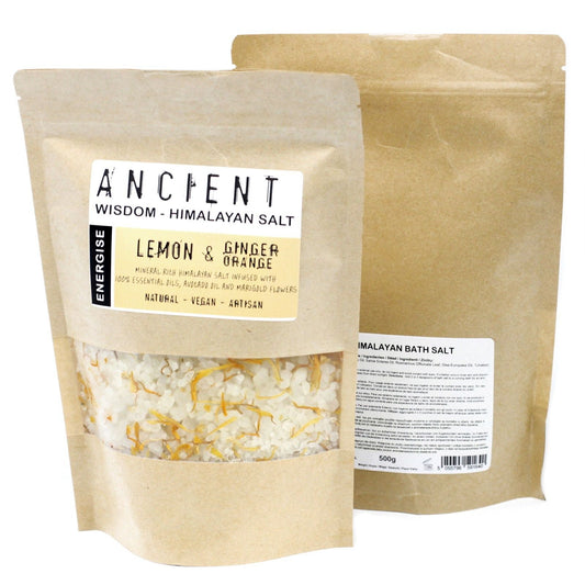 Mezcla energizante de sales de baño del Himalaya – 500G bolsa de sal del Himalaya Ancient Wisdom, mezcla de sales de baño de naranja con limón y jengibre 500g