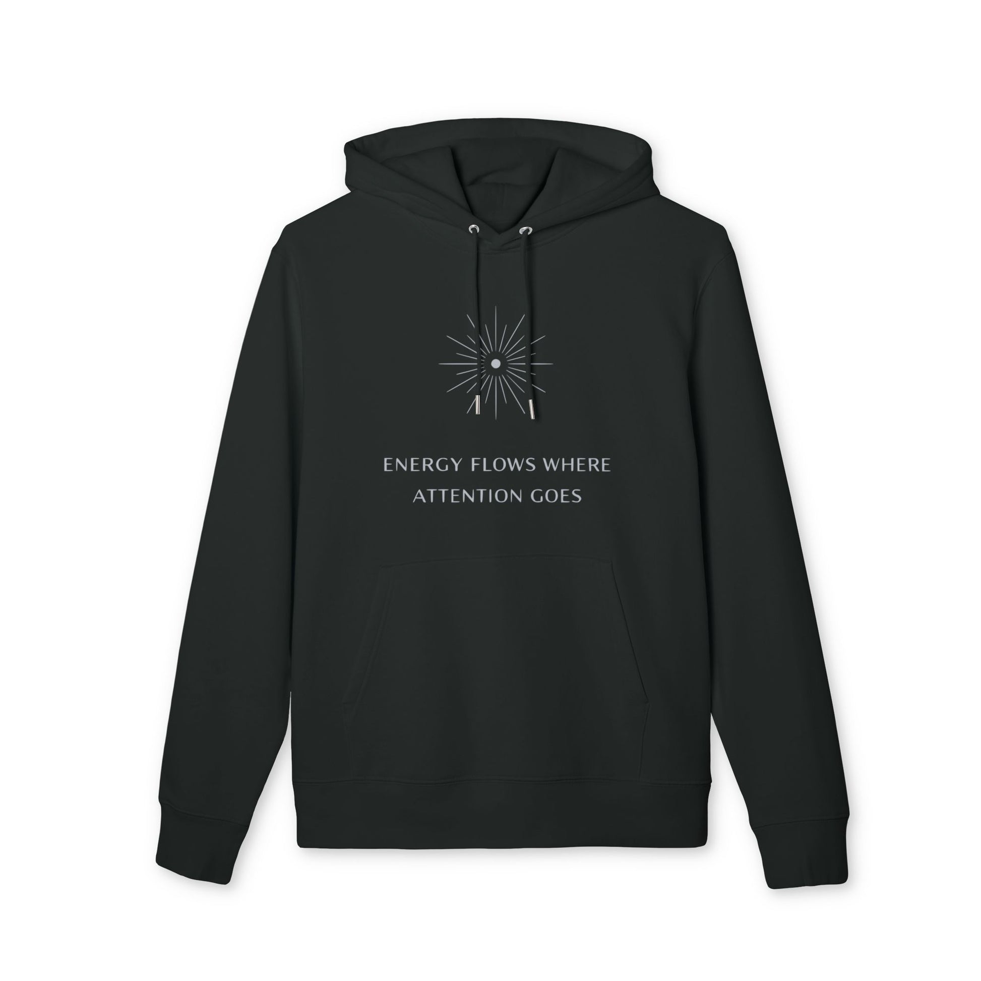 Energy Flows Yoga Hoodie 100% Organic Cotton unisex black pullover hoodie with "Energy flows where attention goes" graphic