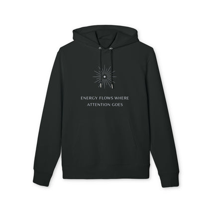 Energy Flows Yoga Hoodie 100% Organic Cotton unisex black pullover hoodie with "Energy flows where attention goes" graphic