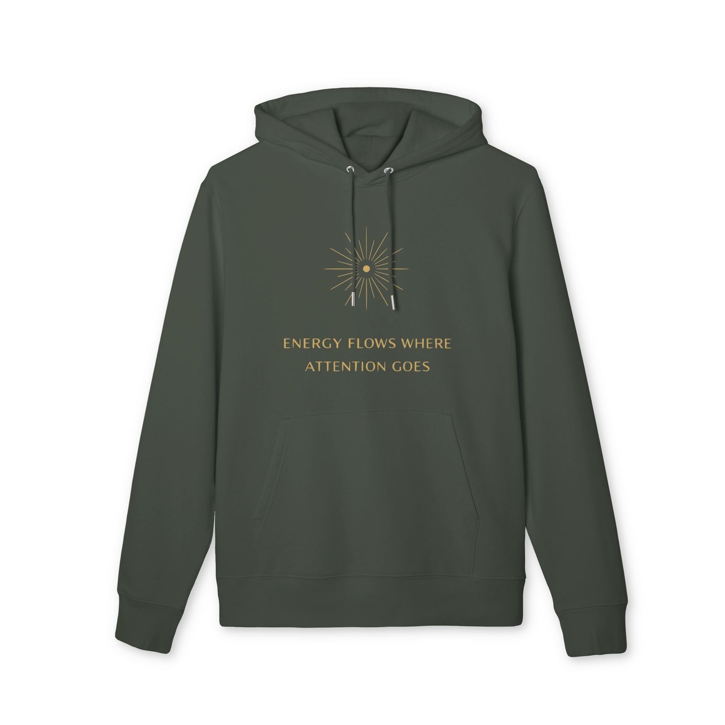 Energy Flows Yoga Hoodie 100% Organic Cotton unisex dark green pullover hoodie with gold "Energy flows where attention goes" graphic