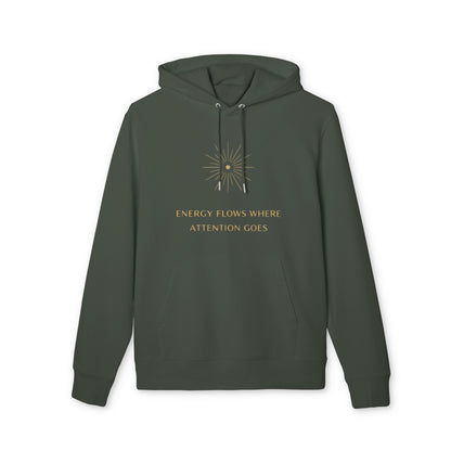 Energy Flows Yoga Hoodie 100% Organic Cotton unisex dark green pullover hoodie with gold "Energy flows where attention goes" graphic