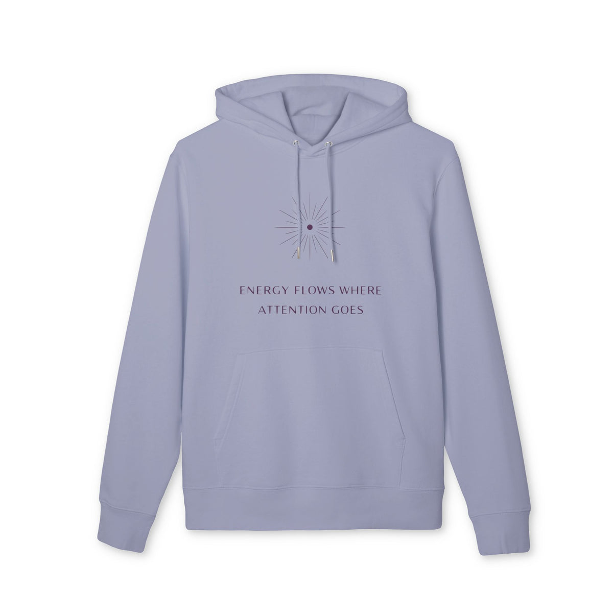 Alt Tag: Energy Flows Yoga Hoodie 100% Organic Cotton unisex hoodie color lila con capucha y cordones, gráfico y texto en el pecho
