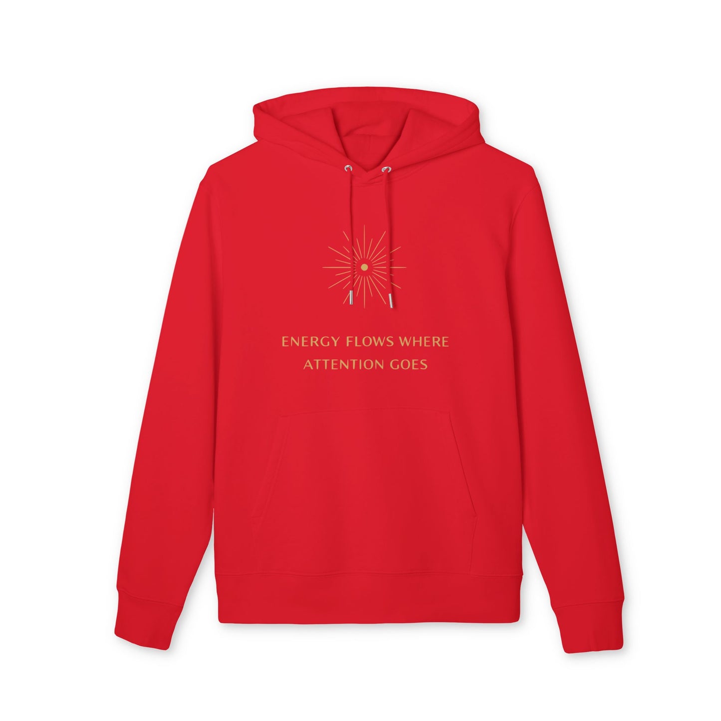 Alt Tag: Energy Flows Yoga Hoodie 100% Organic Cotton red unisex pullover hoodie with drawstrings and front print "Energy Flows Where"