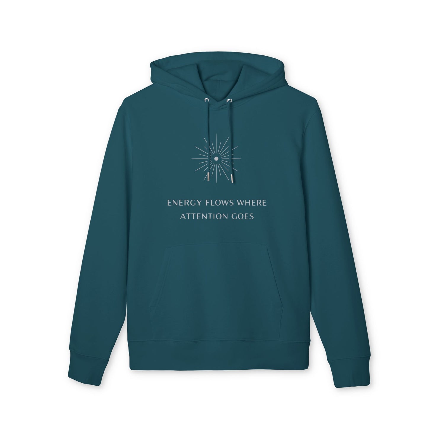 Energy Flows Yoga Hoodie 100% Organic Cotton sudadera unisex con capucha verde petróleo, diseño "Energy flows where attention goes" en el pecho