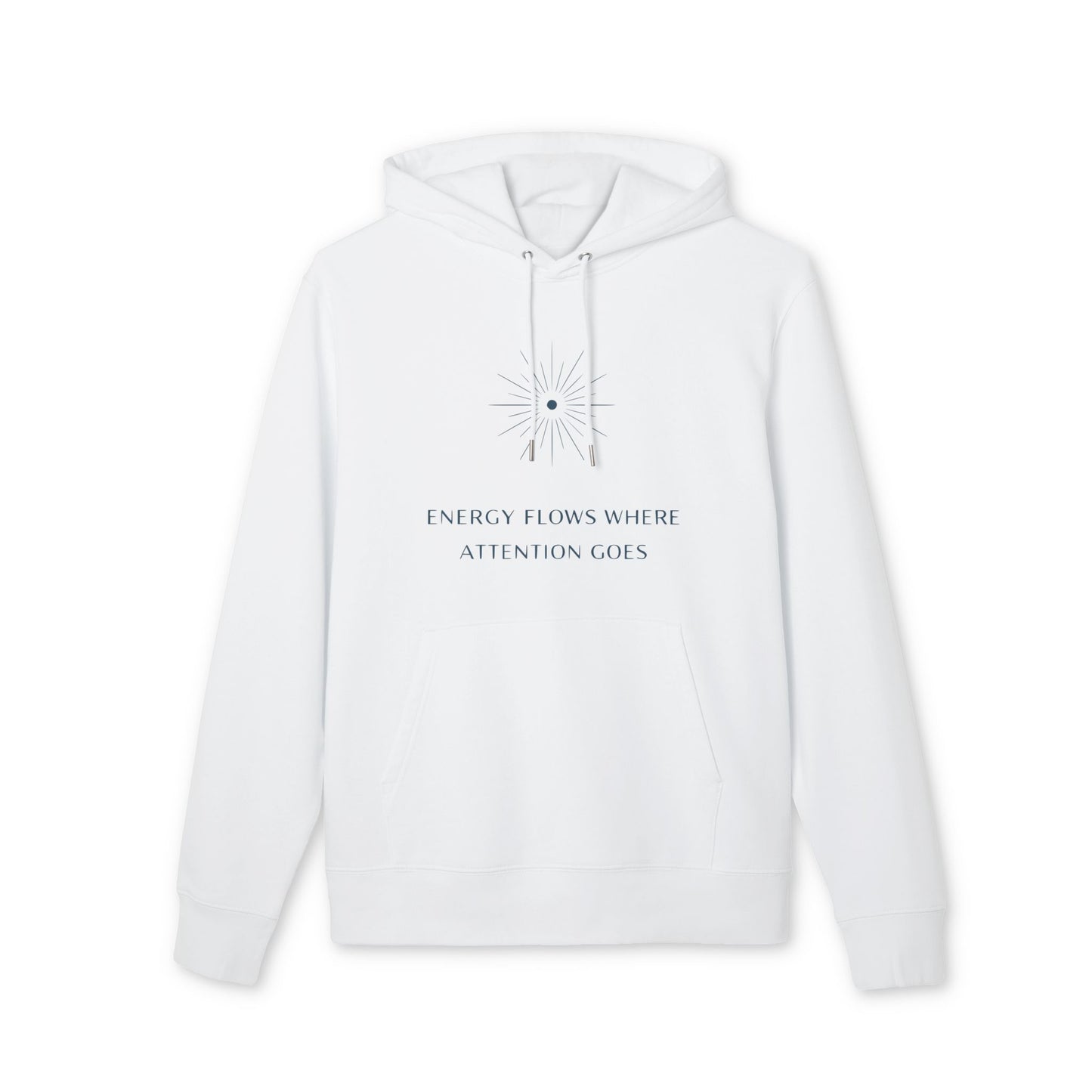 Energy Flows Yoga Hoodie 100% Organic Cotton sudadera con capucha unisex blanca, algodón orgánico cepillado, frase “Energy flows where attention goes”