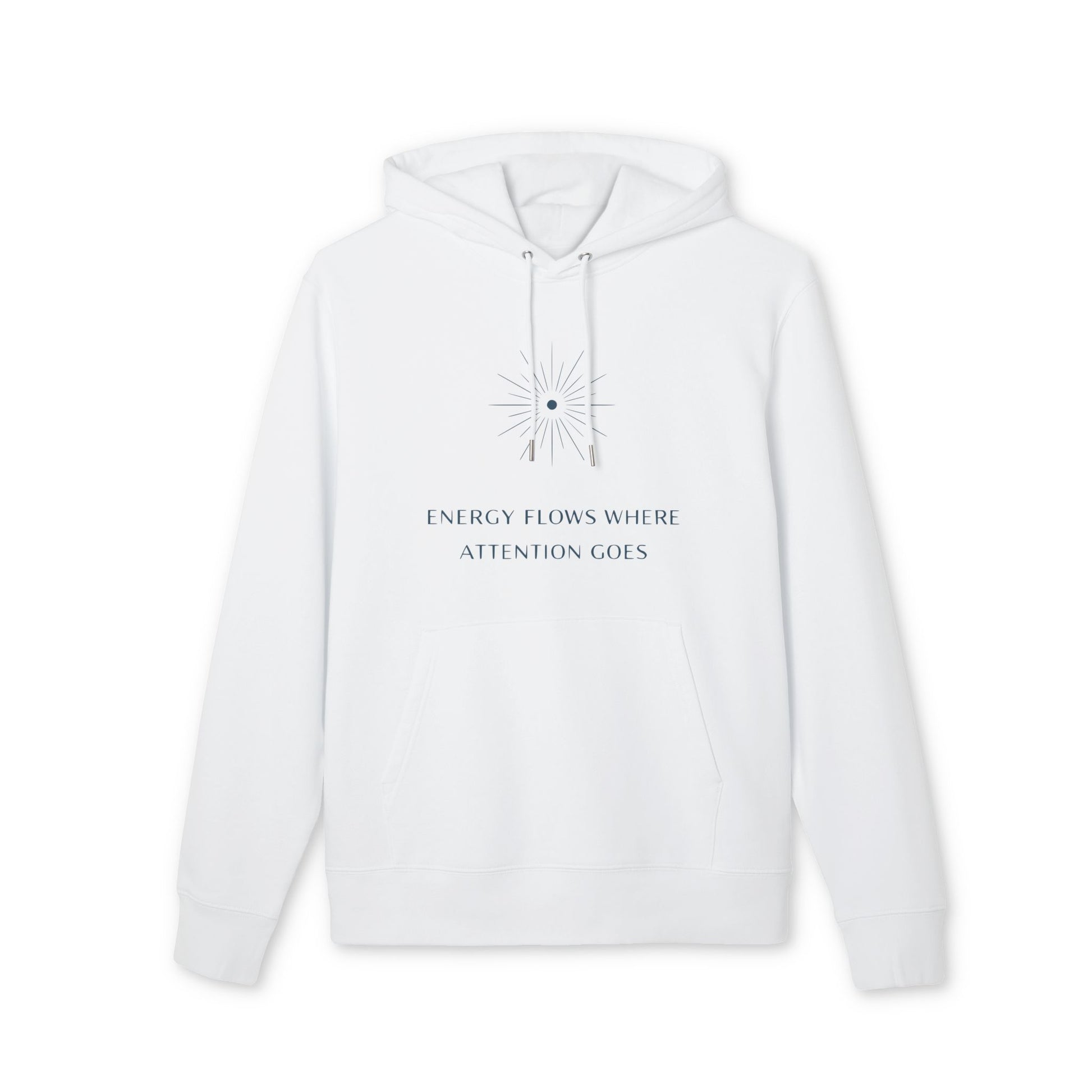 Energy Flows Yoga Hoodie 100% Organic Cotton sudadera con capucha unisex blanca, algodón orgánico cepillado, frase “Energy flows where attention goes”